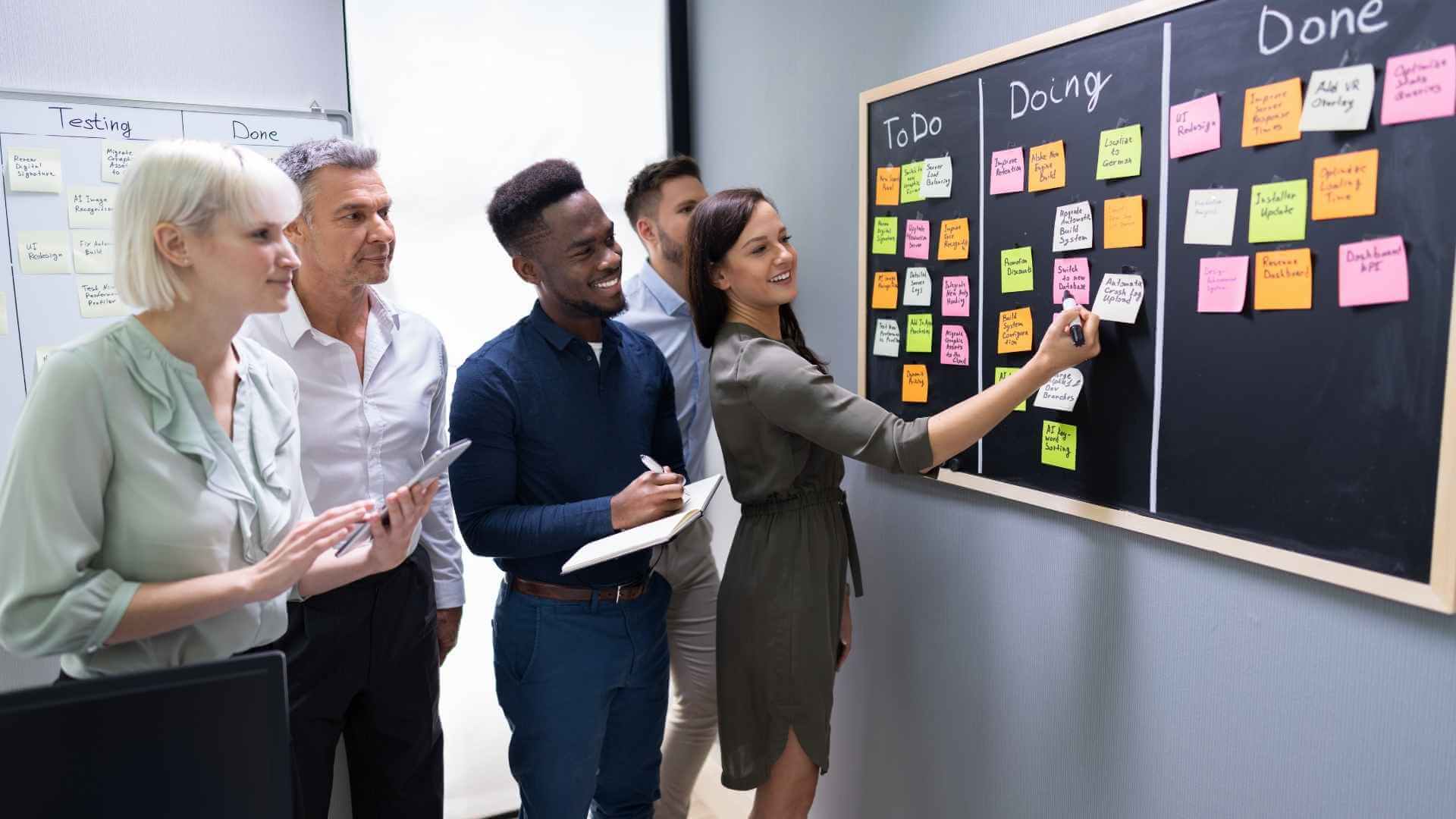 Grupo de pessoas trabalhando usando o método do kanban.